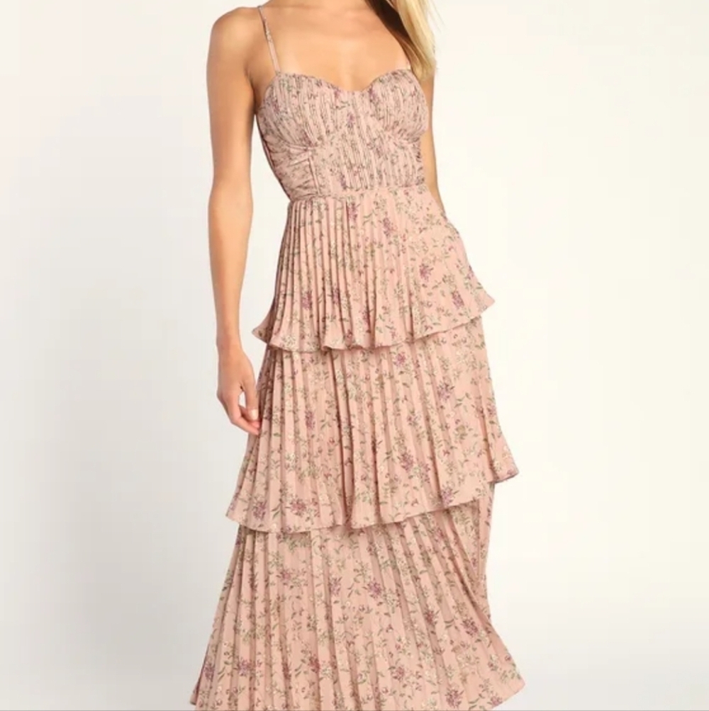Lulu's Cascading Crush blush pink floral tiered sleeveless bustier midi dress - Picture 2 of 12